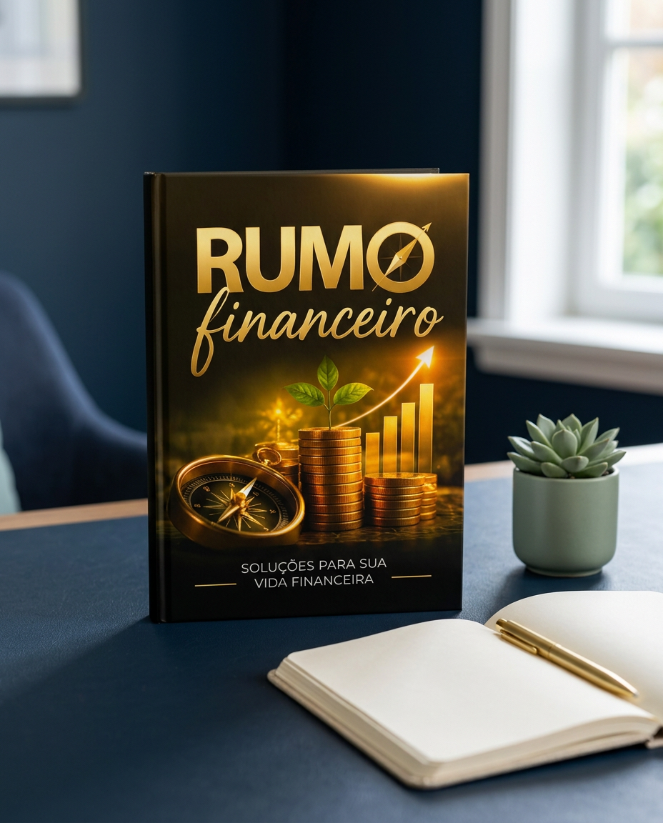 Ebook Rumo Financeiro em destaque sobre uma mesa organizada